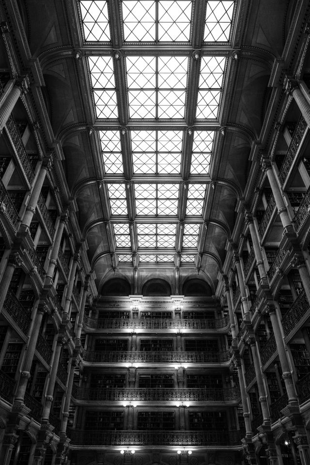 Looking up at the ceiling of the George Peabody Library in Baltimore, Maryland.