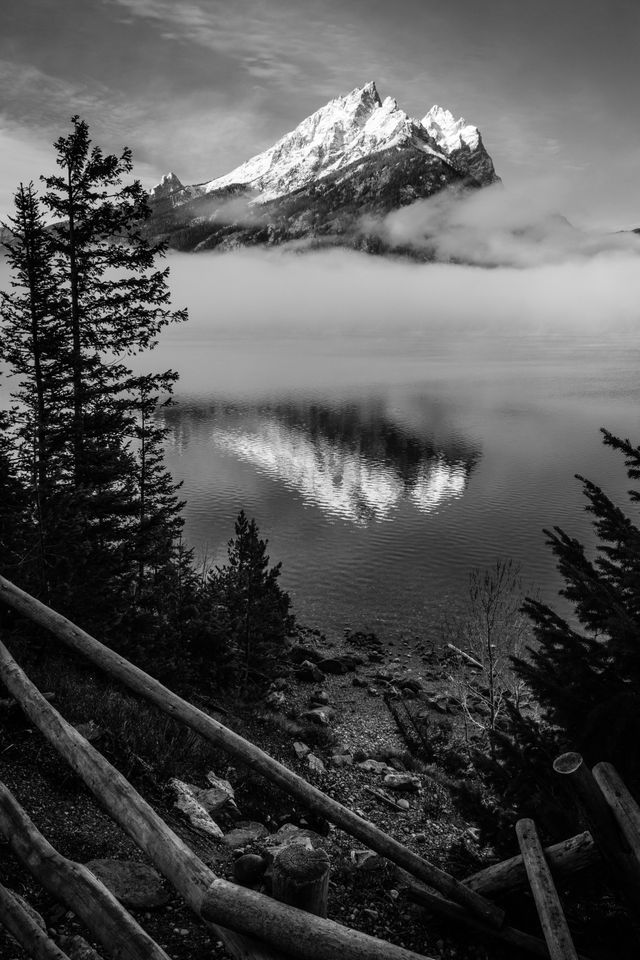 Teewinot Mountain, partially covered in fog, reflected in the surface of Jenny Lake. In the foreground, trees and a wooden fence near the lake's shore.