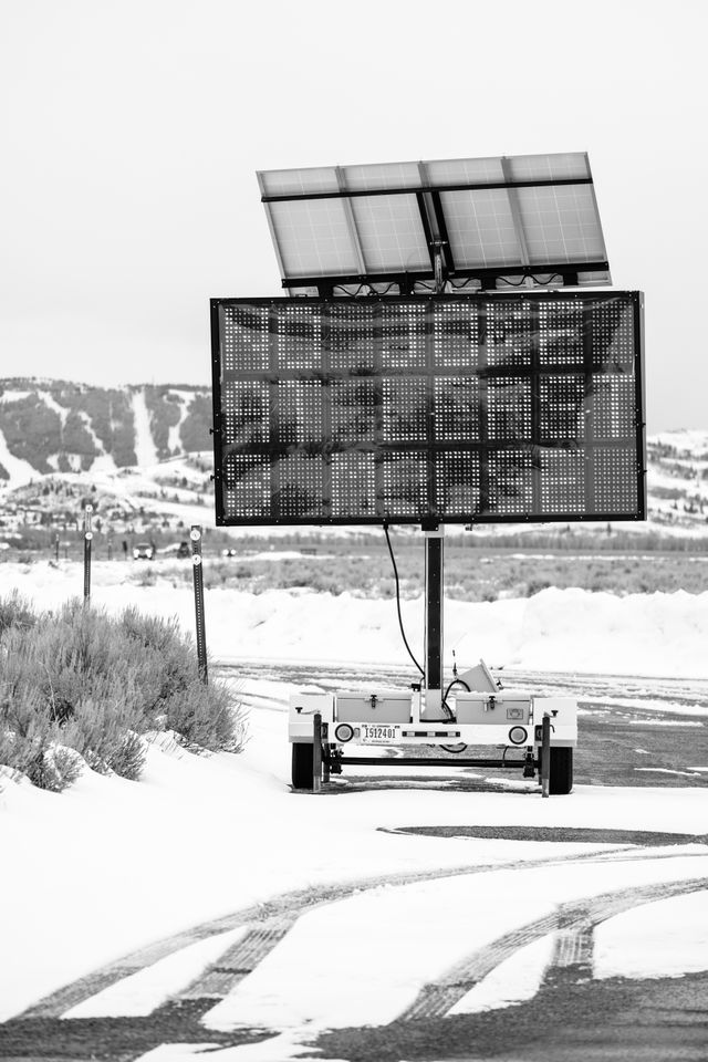 A road sign at the Albright View Overlook warning that "no joke, at least 8 moose" have been seen along the road.