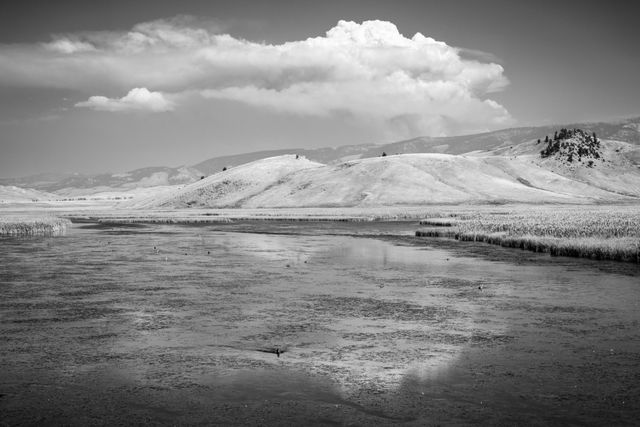 The National Elk Refuge and Flat Creek. In the foreground, a landscape featuring a body of water with small patches of vegetation, surrounded by grassy hills and distant mountains, under a sky with a large smoke column from a wildfire beyond the horizon.