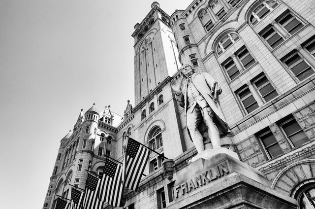 Statue of Benjamin Franklin in front of the Old Post Office in Washington, DC.