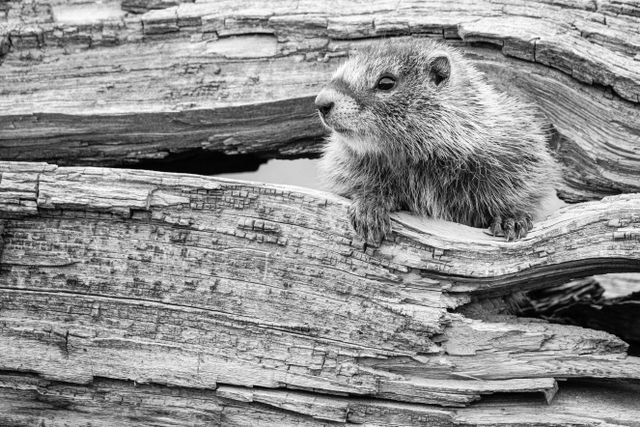 A marmot poking its head through a hole in a fallen tree.