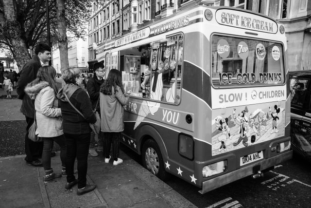 An ice cream truck in front of the British Museum.