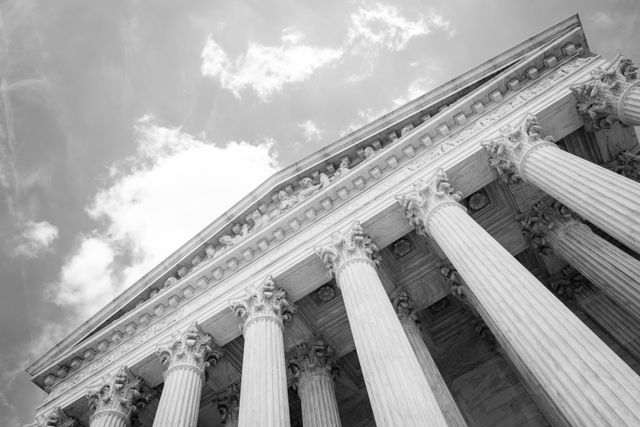 The columns and pediment of the Supreme Court building in Washington, DC.