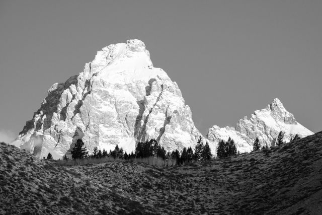 Grand Teton and Mount Owen, seen from the Gros Ventre road. The top of Blacktail Butte is seen in the foreground.