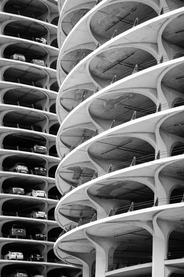 Close up of the Marina City parking lot.