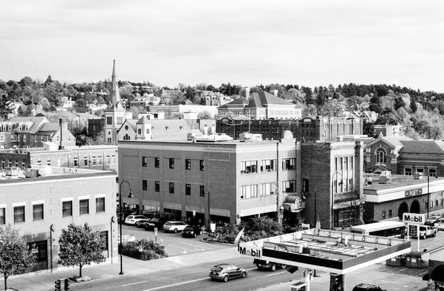 View of downtown Burlington from the rooftop of a parking lot.