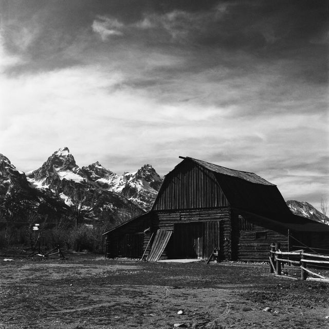 The 4 Lazy F barn, with Grand Teton, Mount Owen, and Teewinot Mountain in the background.