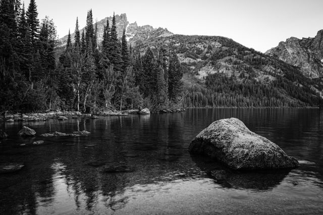 A big boulder in the water of Jenny Lake. In the background, trees lining the shores of Jenny Lake, and further in the distance, Teewinot Mountain.