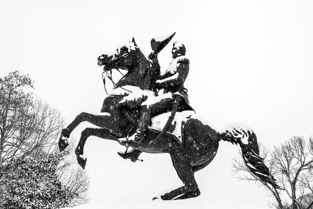 Snow-covered statue of Andrew Jackson in Lafayette Square.