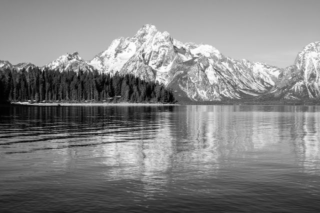 Mount Moran, reflected in the waters of Jackson Lake, from Colter Bay.