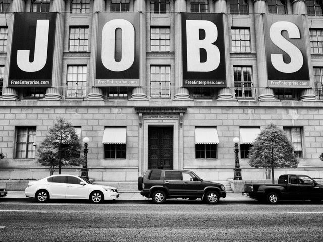 A huge JOBS sign at the United States Chamber of Commerce, Washington, DC.