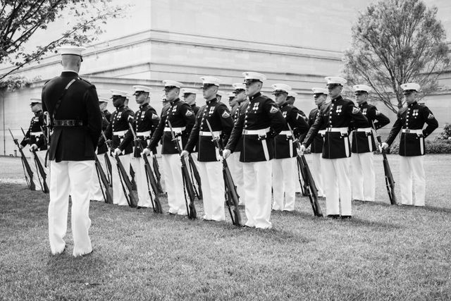 Marines in formation on the grounds of the National Gallery of Art in Washington, DC.