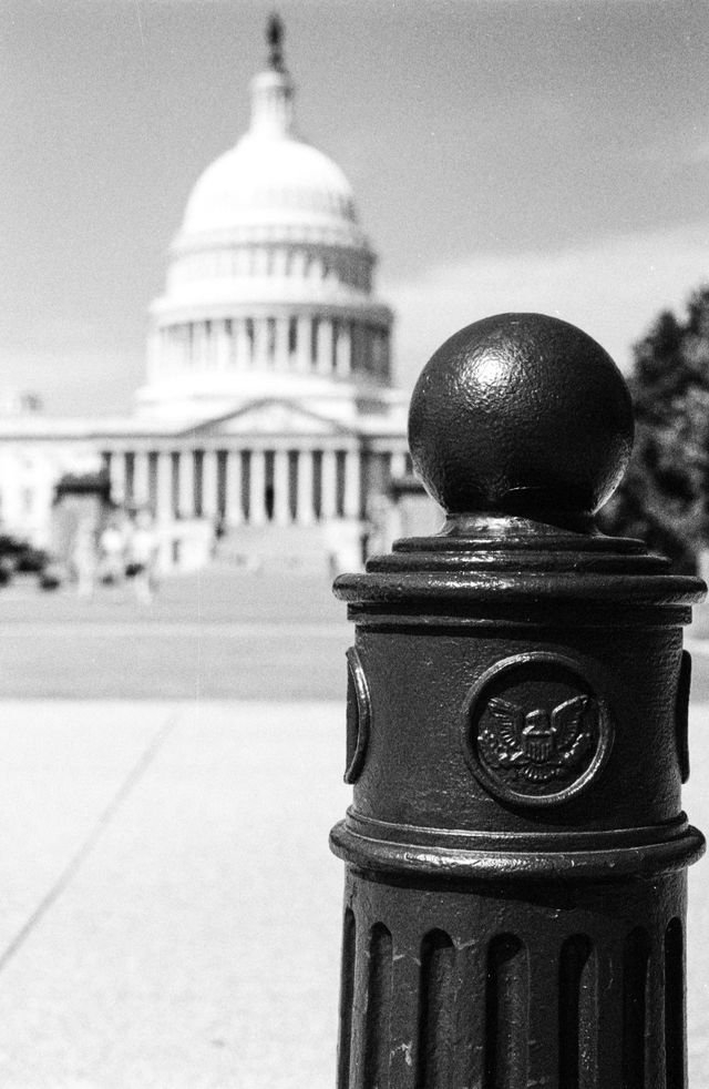 A pole bearing the seal of the United States Capitol, near the Capitol building.