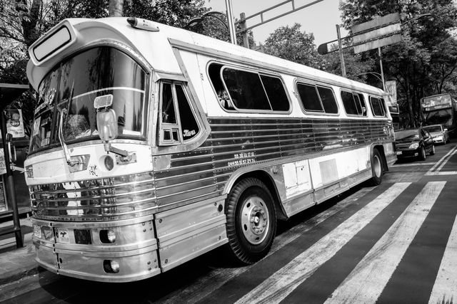 An old passenger bus on the Paseo de la Reforma, Mexico City.