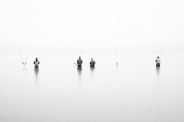 Four fishermen standing waist-deep in Lake Michigan, in thick fog.