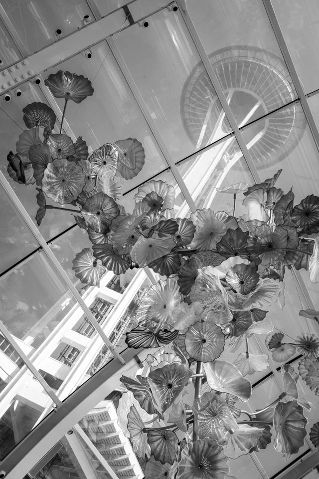 Chihuly glass flowers hanging from a glass ceiling with the Space Needle in the background, at the Chihuly Garden and Glass in Seattle.