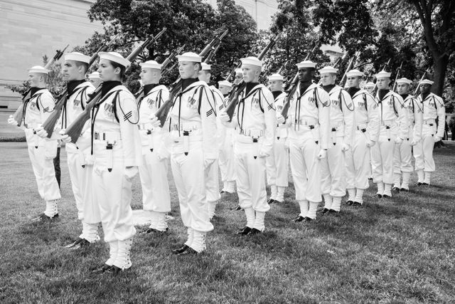 The Navy Ceremonial Guard in formation on the grounds of the National Gallery of Art in Washington, DC.