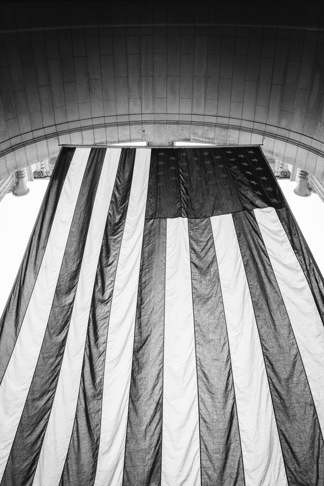 The flag of the United States, hanging outside Union Station in Washington, DC.