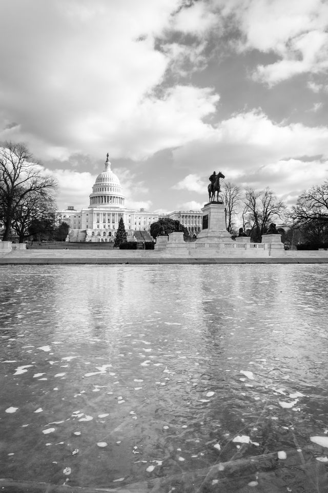 The Ulysses S. Grant Memorial and the United States Capitol, in front of a very frozen reflecting pool.