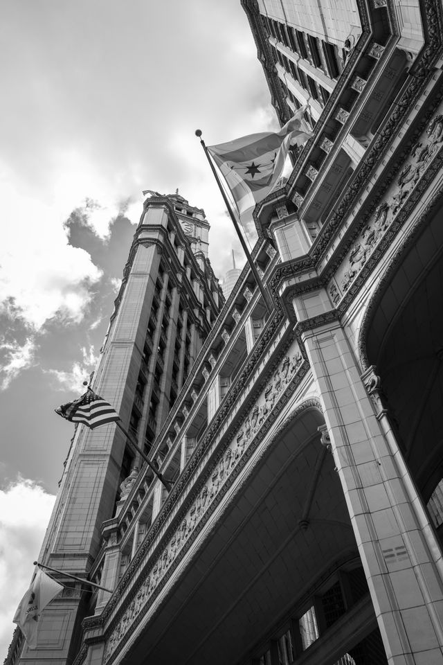 Looking up at the Wrigley Building in Chicago, from street leve.