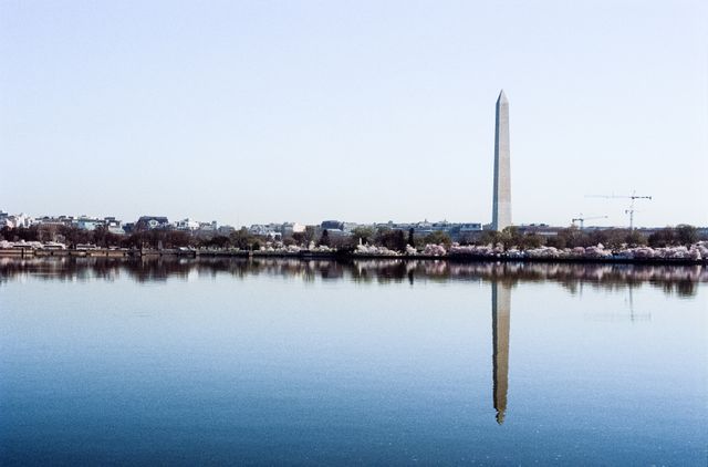 The Washington Monument reflected off the Tidal Basin.