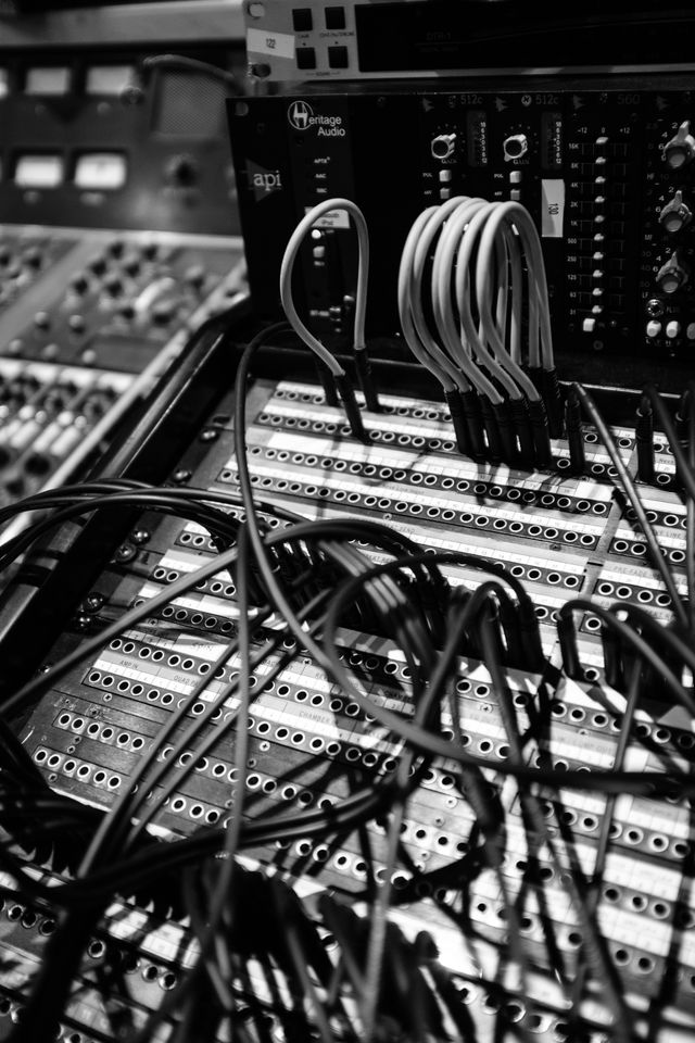 A bunch of cables plugged into a recording console at London Bridge Studio in Shoreline, Washington.