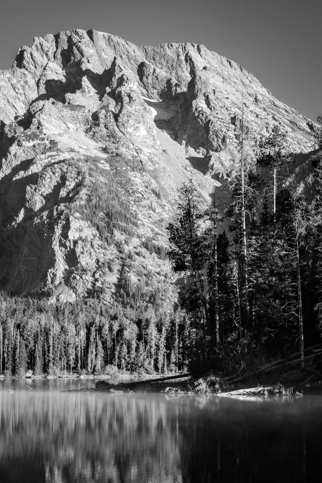 Mount Moran, seen from the shore of Leigh Lake. Boulder Island can be seen in the foreground.