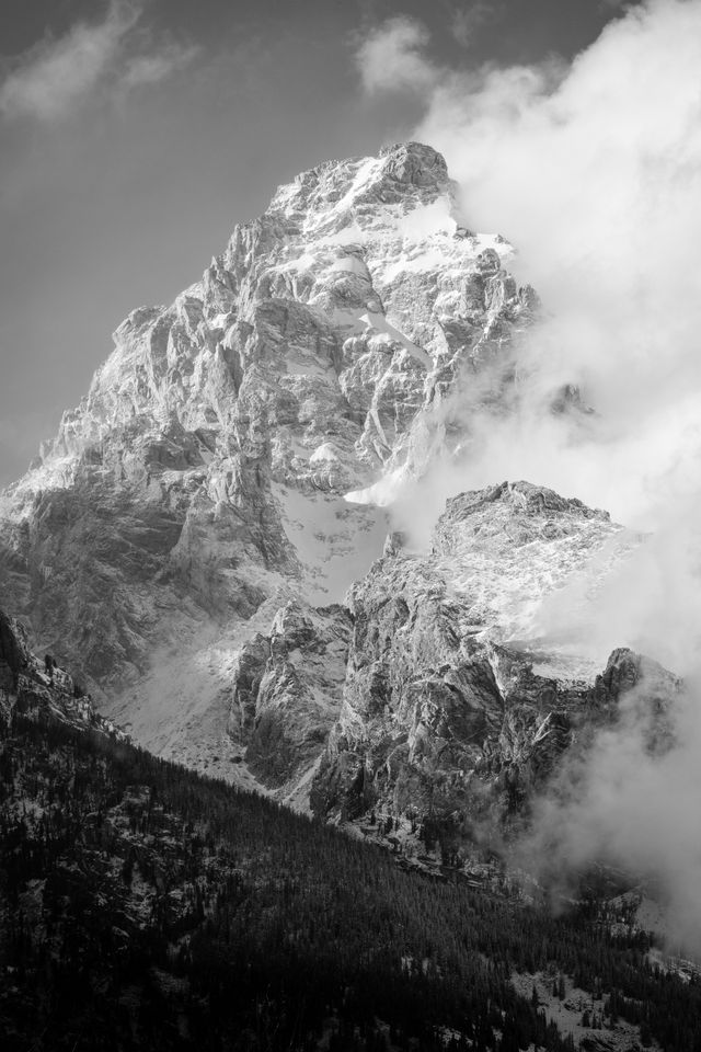 Grand Teton emerging from the clouds after a snowstorm.