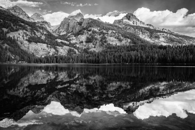 Middle Teton, Grand Teton, Mount Owen, and Teewinot Mountain, seen reflected on the surface of Bradley Lake.