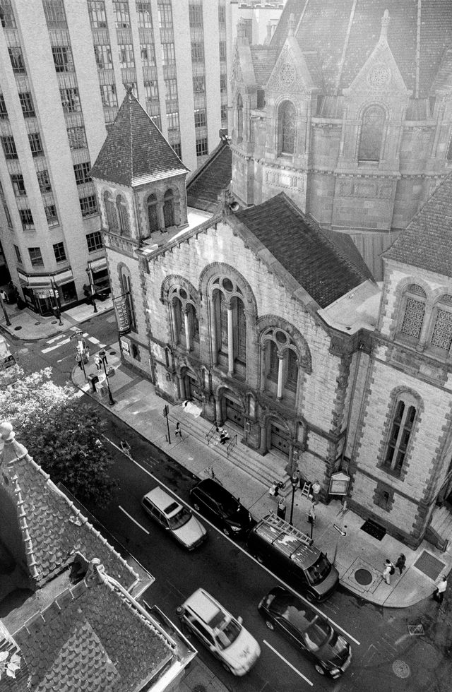 Looking at the street in Philadelphia from a rooftop.