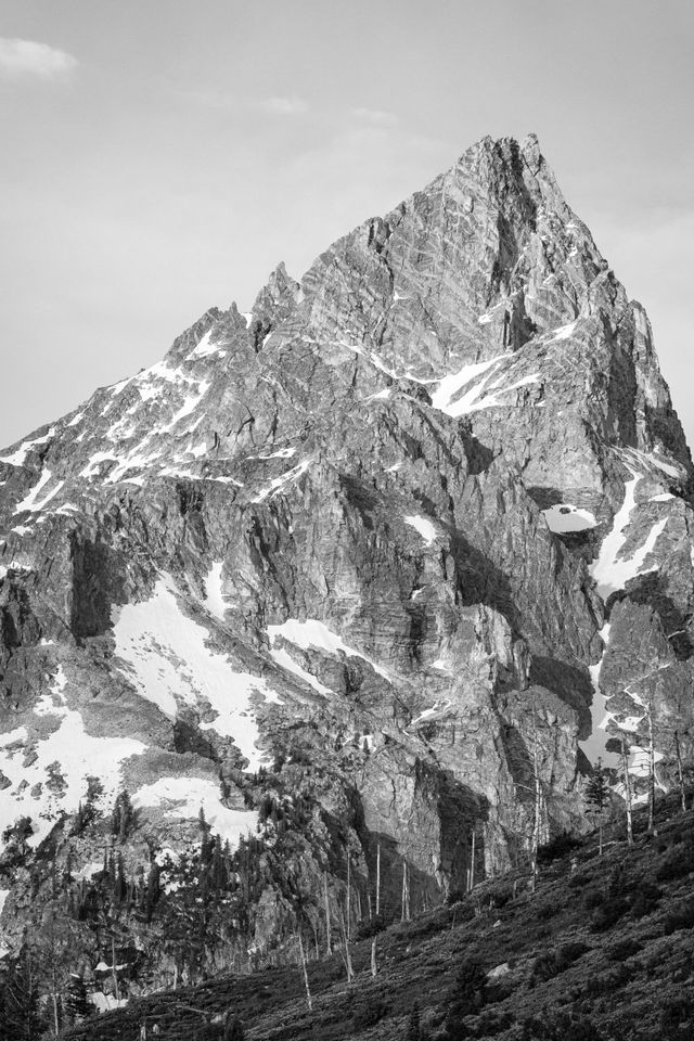 A close-up of Teewinot Mountain in the Tetons, as seen from String Lake.