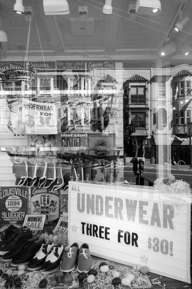 The front window of an underwear store in the Castro, San Francisco.