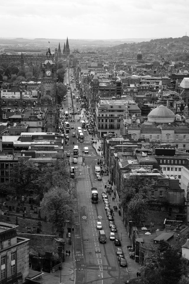 View of Princes Street in Edinburgh, from the top of the Nelson Monument on Calton Hill.