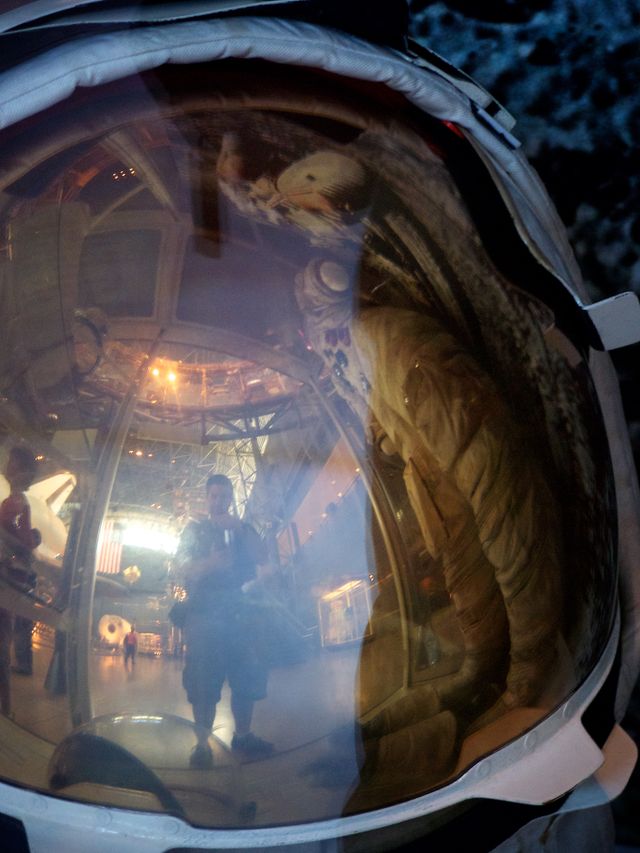 Self-portrait on James Irwin’s Apollo 15 A7LB spacesuit, at the National Air and Space Museum Udvar-Hazy Center.