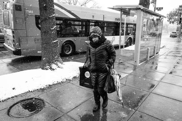 A woman walking past a bus stop on Capitol Hill on a snowy day.