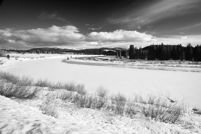 A frozen, snow-covered Snake River, seen from Oxbow Bend.