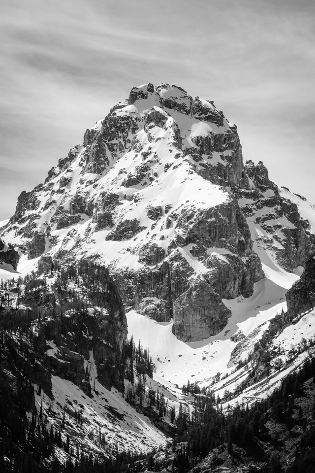 Middle Teton, covered in snow in mid-May, seen from the Teton Glacier Turnout.