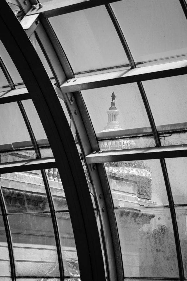 The United States Capitol, seen through the glass dome of the United States Botanic Garden.