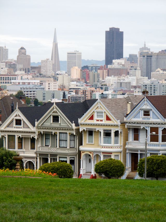 Alamo Square, San Francisco, with the Painted Ladies of Postcard Row in the foreground and the Transamerica Pyramid and part of the San Francisco skyline in the background.