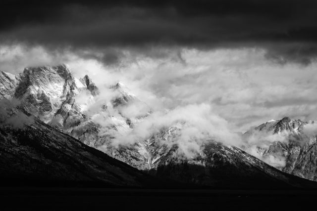 Clouds clearing from Mount Moran after a fall snowstorm.