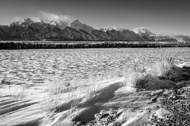 The Teton Range, seen in winter, under clear skies, from the Glacier View Turnout. Snow is blowing from the top of the peaks. In the foreground, grasses growing out of the snow.