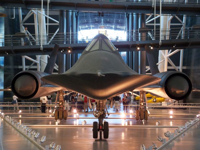 Front view of the Lockheed SR-71 Blackbird at the National Air and Space Museum Udvar-Hazy Center.