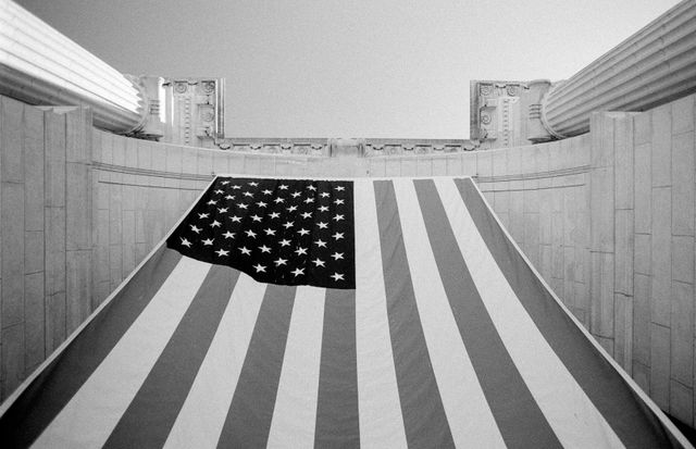 Flag hanging in front of Union Station, Washington, DC.