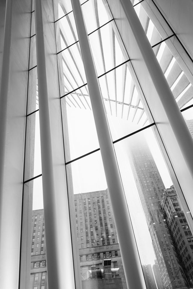 Rain running down the glass of the Oculus in New York City.