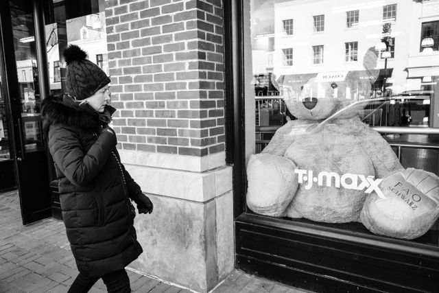 A woman looking at the front window of a TJ Maxx store in Georgetown, which contains a gigantic teddy bear.