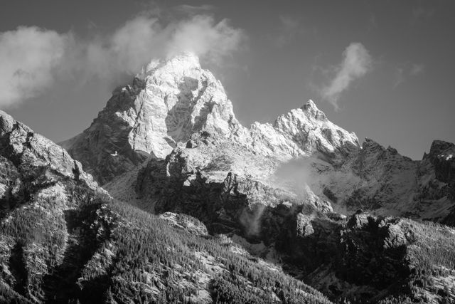 Grand Teton and Mount Owen, covered in the first big snowfall of the fall.