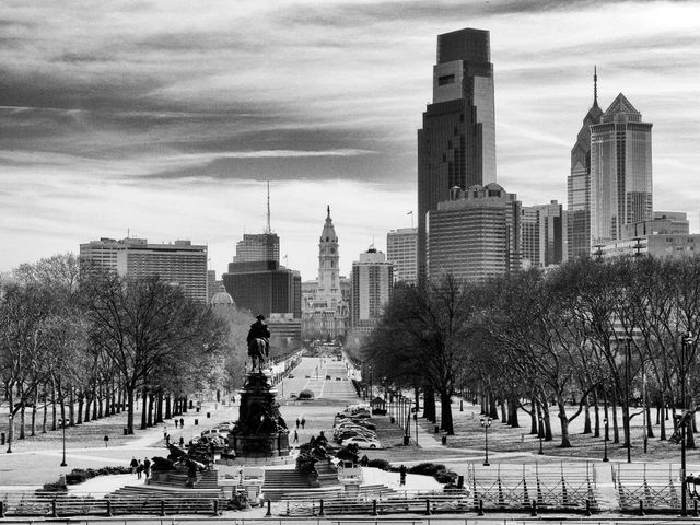 The Philadelphia skyline, from the top of the steps of the Philadelphia Museum of Art.