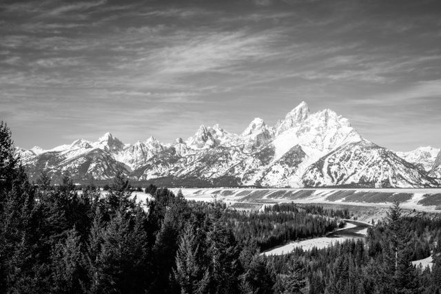 The Cathedral Group of the Teton Range, seen in early spring from the Snake River Overlook.