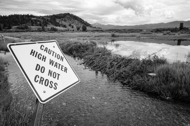 A road at Elk Ranch, flooded by a beaver damn. In the foreground there's a warning sign that reads "caution, high water, do not cross". In the background, Uhl Hill.